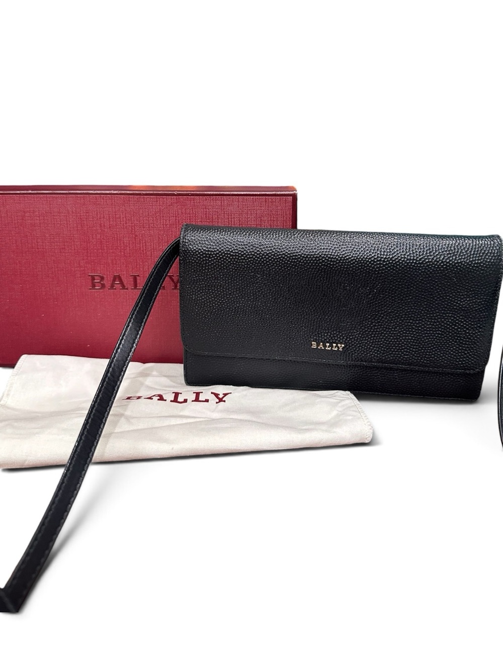 Bally Black Pebbled-Grain Leather Wallet on Strap WOC